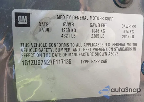 2007 Chevrolet Malibu Ltz from USA, damaged, VIN 1G1ZU57N27F117136